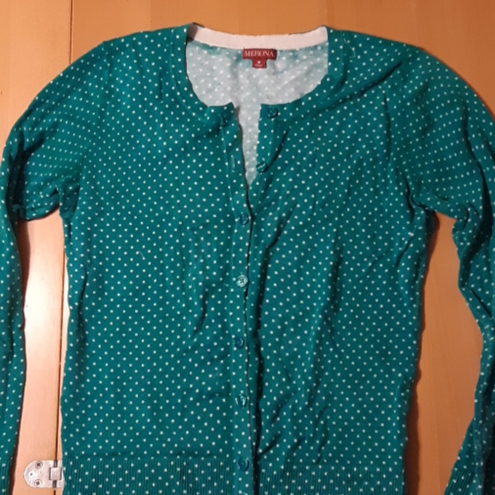 Green and white polka dot cardigan